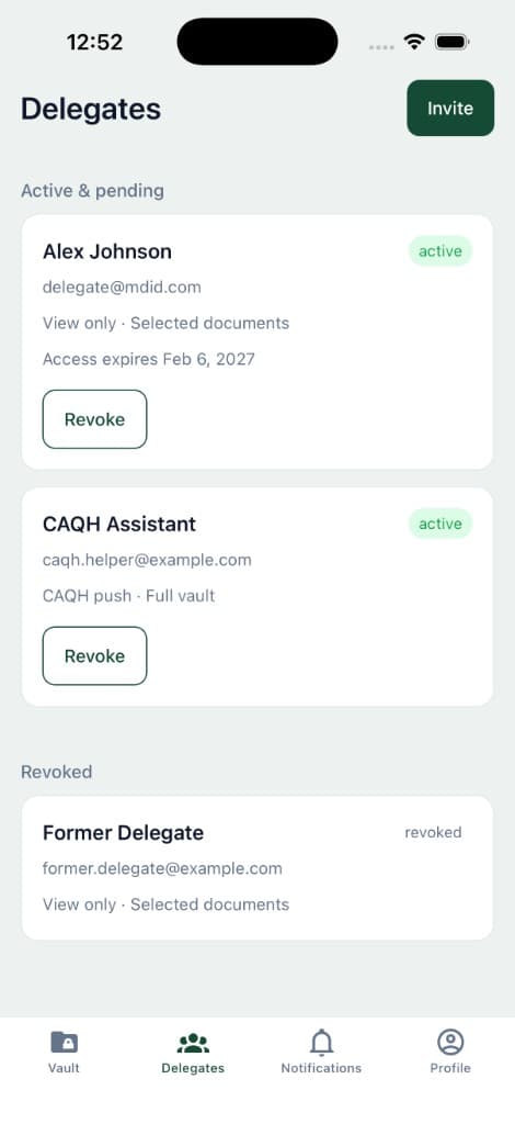 MDID mobile app delegates screen showing active and revoked access