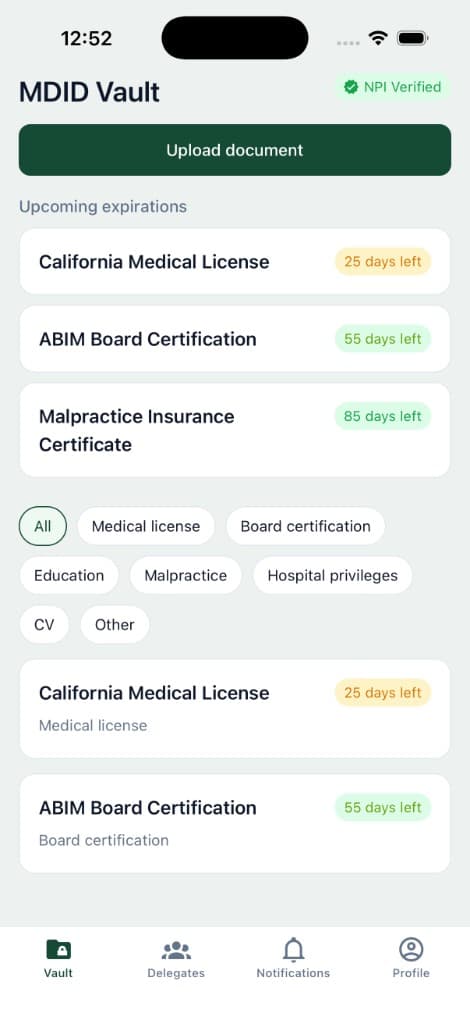 MDID mobile app vault screen showing credential documents and expiry alerts
